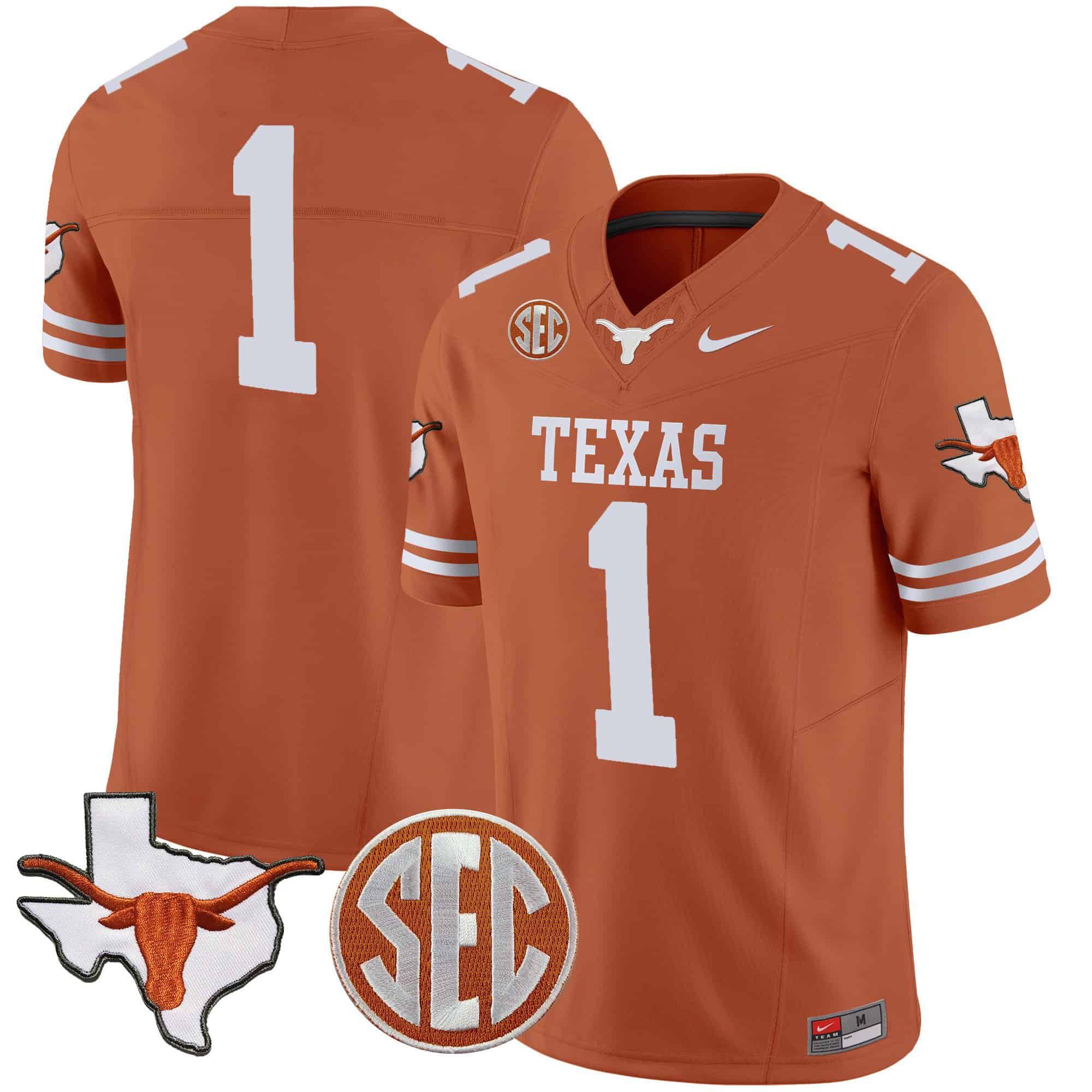 Men Texas Longhorns #1 No Name Orange 2024 Nike State Map & SEC Patch Vapor NCAA Jersey style 1->indianapolis colts->NFL Jersey